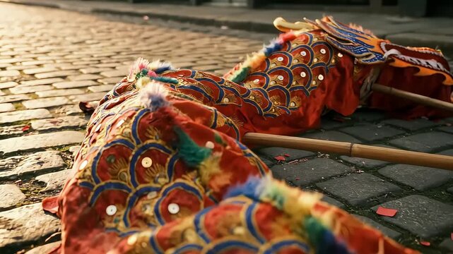 Colorful decorative umbrellas with intricate patterns and sequins are laid on cobblestone street, capturing the vibrant textures and details, camera pans across the scene showcasing the artistry