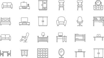 Furniture icon set, black line drawings, household items grid, minimal vector art, interior design reference, home decor concept