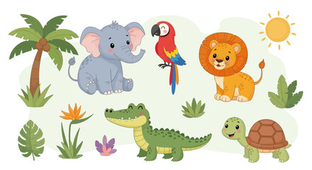 Naklejka premium Adorable cartoon jungle animals including an elephant, lion, parrot, crocodile, and turtle in a vibrant tropical setting