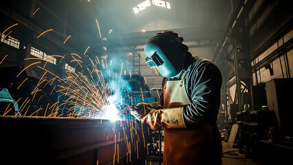 Skilled welder in protective gear creates brilliant sparks during intense metal fabrication in a dark industrial workshop