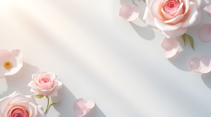 Soft focus close-up of delicate pink roses with scattered petals on a white background, illuminated by gentle sunlight