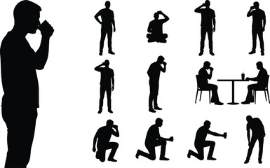 Silhouette person drinking in varied poses, human gestures, casual activity, black vector art, lifestyle illustration, behavior study conceptv