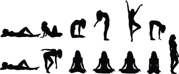 Silhouette pose collection, seated standing stretching gestures, black vector art, body movement reference, yoga dance anatomy illustration