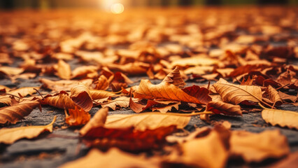 Generative AI image featuring a stunning close-up of a street covered in an abstract pattern of dry orange autumn leaves at sunset.