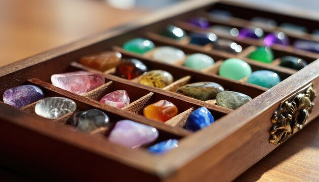 Collection of Colorful Polished Gemstones in a Wooden Box.