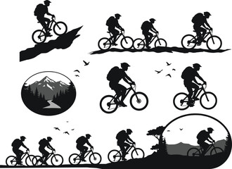 Mountain biking silhouettes, outdoor adventure scenes, forest and cliff terrain, dynamic cyclist poses, scenic backgrounds, nature exploration, black illustration, motion, sport