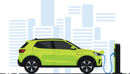 Modern Electric Vehicle (EV) Charging at an Urban Station, Representing Sustainable Green Transportation Technology and Clean Energy Future