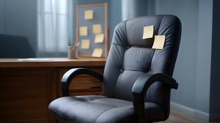 An empty dark leather office chair with two yellow sticky notes sits in a professional workspace next to a desk