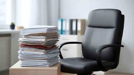 A towering stack of documents sits beside a black ergonomic office chair in a bright workspace
