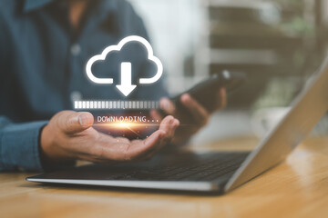 Person using a laptop with a virtual downloading bar, representing data download processing, cloud storage access, and file retrieval from online systems.