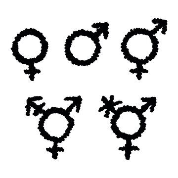Set of hand drawn female, male, bigender and transgender gender identity sign Symbol used to represent sex and gender Single element for print, web, design, decor