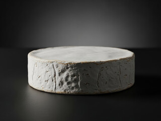 Whole wheel of soft-ripened French cheese, like Camembert or Brie, with a bloomy white rind