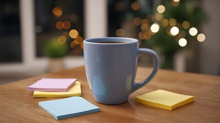 A blue mug of coffee rests on a wooden desk with colorful sticky notes and a blurred background of warm lights