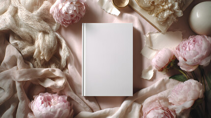 Blank Book Surrounded by Floral Elegance: A minimalist blank book lies at the center, surrounded by delicate pink peonies, adding a touch of softness.