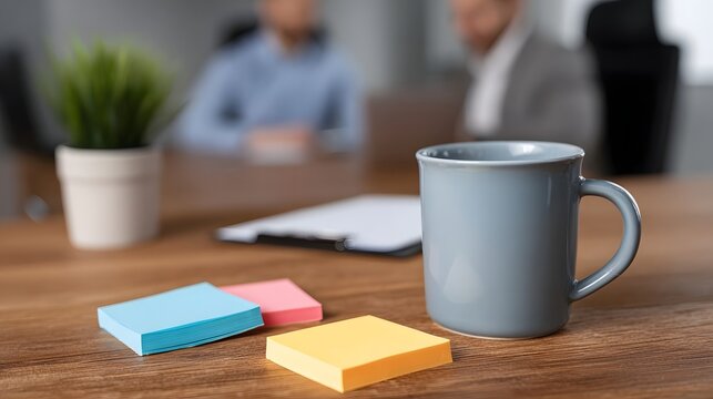 A blue coffee mug and colorful sticky notes sit on a wooden desk in an office setting with blurred people in the background - Powered by Adobe