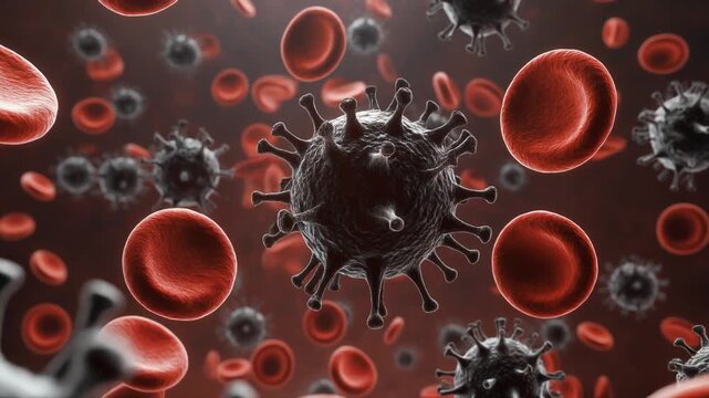 Microscopic View of Aggressive Cancer Cells Dividing and Attacking Healthy Cells