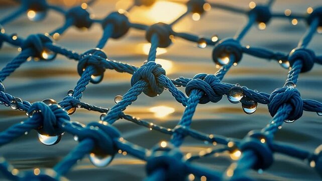 Blue Fishing Net Texture Backlit by Golden Hour Sunlight with Bokeh