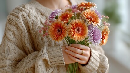 A Close-up of a Woman's Hands Graciously Holding a Vibrant Bouquet of Colorful Flowers Showcasing Nature's Beauty