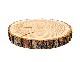 A wooden log slice, tree stump with rings and bark for product display Isolated on transparent or white, Cut out