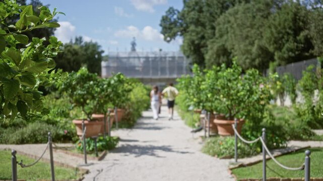 Garden path lined with potted trees and rope posts, soft defocused foreground and blurred distant building, park; background backdrop copyspace calm.