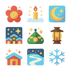 Obraz premium Seasonal lantern night illustration set, glowing houses candles moons snowflakes, winter cultural celebration elements, clean flat vector