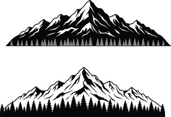 Mountain silhouette illustration, forest base, conifer trees, black and white artwork, rugged peaks, snow highlights, outdoor nature scene, minimalist landscape