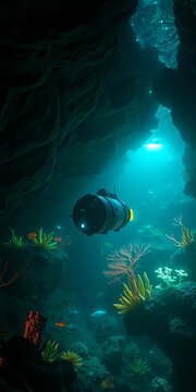 A submersible glides through a bioluminescent underwater cavern, illuminating ancient, glowing flora and fauna, Underwater,  exotic