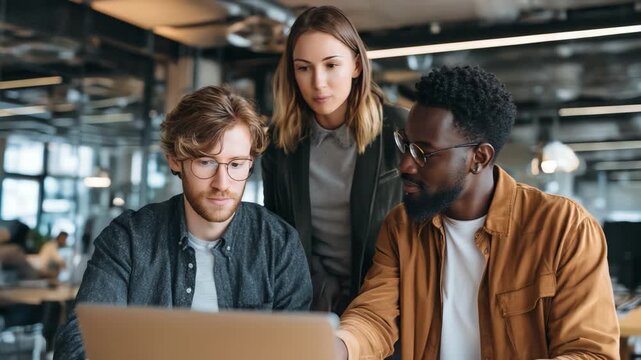 Focused Minds: A diverse trio collaborates intently over a laptop, immersed in a project, illustrating modern teamwork and professional synergy.