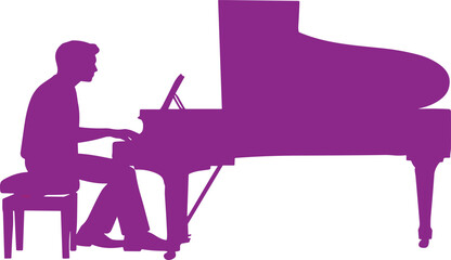 Purple silhouette of pianist playing grand piano, elegant music performance, stylized artistic rhythm, seated musician concept, vibrant instrumental scene © Nur Creations