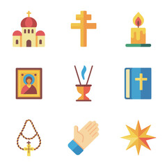Fototapeta premium Faith and devotion icon set, church cross rosary candle star, spiritual celebration elements, clean modern flat vector illustration