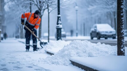 A man in an orange jacket shovels snow from a city sidewalk. Snow covers the ground and trees, creating a winter scene. Cars are parked along the street.