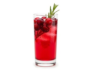Refreshing cranberry cocktail with rosemary garnish on white background