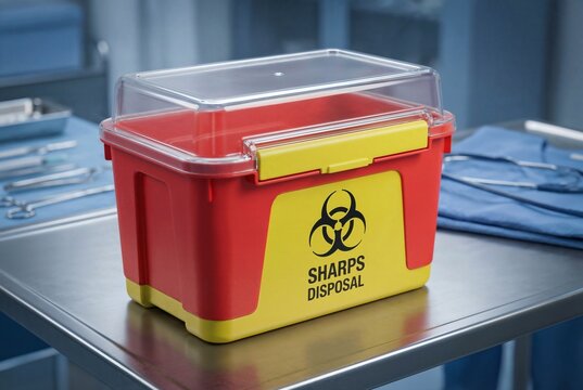 Red and yellow biohazard sharps container on a sterile metal surgical table in a hospital setting, emphasizing safety protocols and waste management.