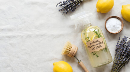 Homemade skincare products with lemons and lavender on a white textured background viewed from above