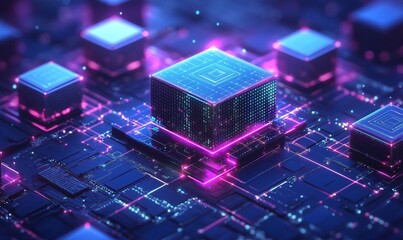 Technology, hardware, and electronics or microchips with futuristic patterns for digital connections. Data centers, IoT, and digital systems designed for networking, cloud computing, Generative AI