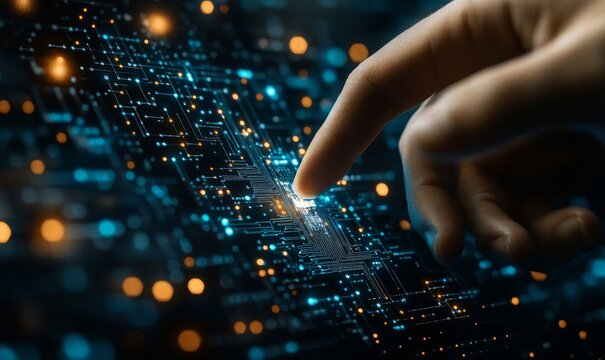Technology, hardware, and electronics or microchips with futuristic patterns for digital connections. Data centers, IoT, and digital systems designed for networking, cloud computing, Generative AI