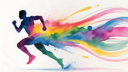 Abstract watercolor silhouette of a runner in motion, vibrant splashes and flowing brushstrokes, dynamic energy, minimal white background, modern artistic style.