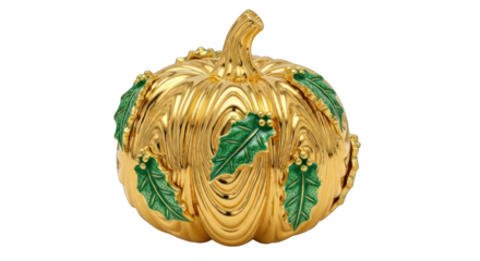 Golden pumpkin decoration with green leaves on a white background