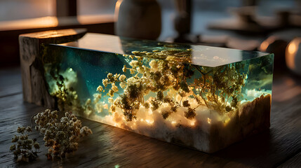 Floral Resin Block with Dried Flowers, Starry Sky, and Golden Light