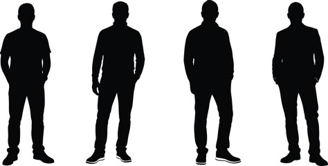 Black Silhouette Standing Man Vector Set: Casual Clothes Male Figures, Full Length Adult People, and Anonymous Human Body Graphics