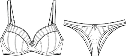 Lingerie set technical sketch, underwire bra, lace trim, bow pendant, seam detail, cad drawing flat vector illustration