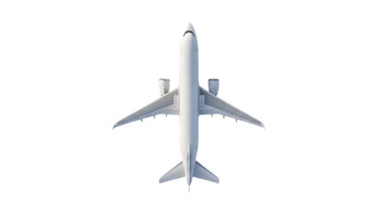 Top view of a white passenger airplane isolated on transparent background