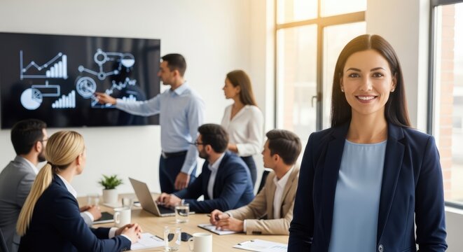 A businesswoman standing in front of a group of people in a conference room, with a large screen displaying data and graphs in the background. - Powered by Adobe