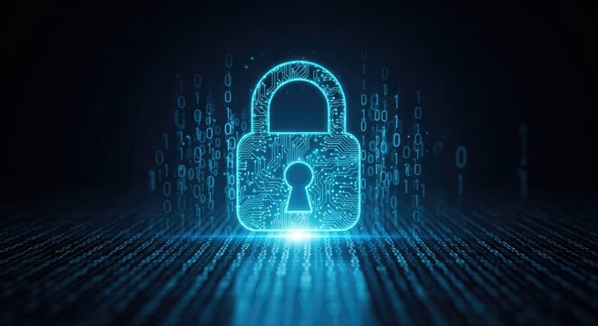 A glowing blue digital lock with binary code and circuitry, set against a dark background. - Powered by Adobe