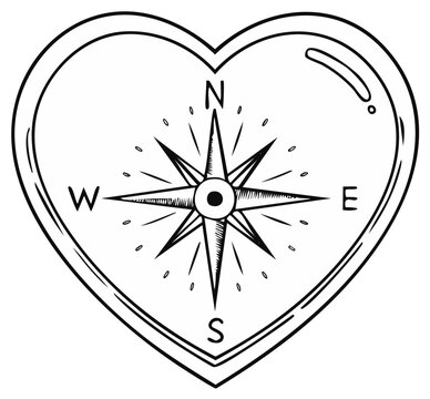 Heart compass line art drawing symbolizing love travel and following your heart