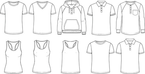 Men&rsquo;s and women&rsquo;s tops, fashion flat, t-shirt, polo, hoodie, tank top, garment sketch, apparel design, silhouette, vector illustration