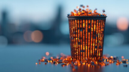 A glowing trash can overflows with shimmering, colorful debris, set against a blurred cityscape backdrop, evoking themes of waste and beauty.
