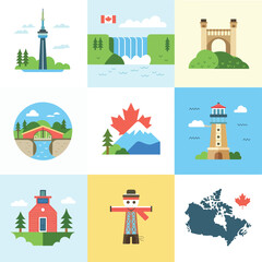 Obraz premium Scenic travel illustration pack, mountains rivers towers lighthouses villages, landscape tourism celebration symbols, modern flat vector design