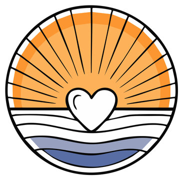 Graphic heart above ocean waves at sunset for branding, vector illustration