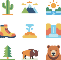 Obraz premium Outdoor adventure icon collection, hiking boots forests animals rivers, wilderness travel celebration elements, clean flat vector illustration